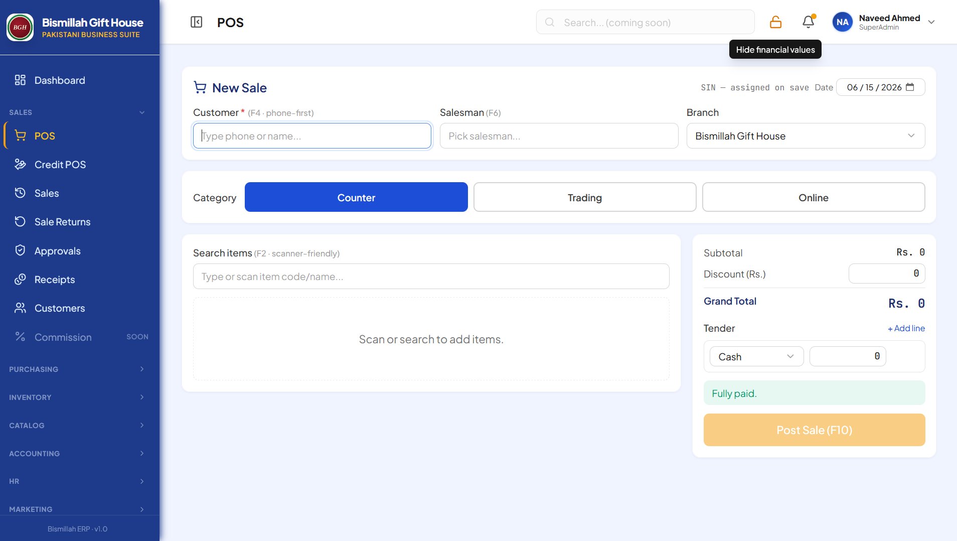 SAFZ CounterPilot point of sale screen